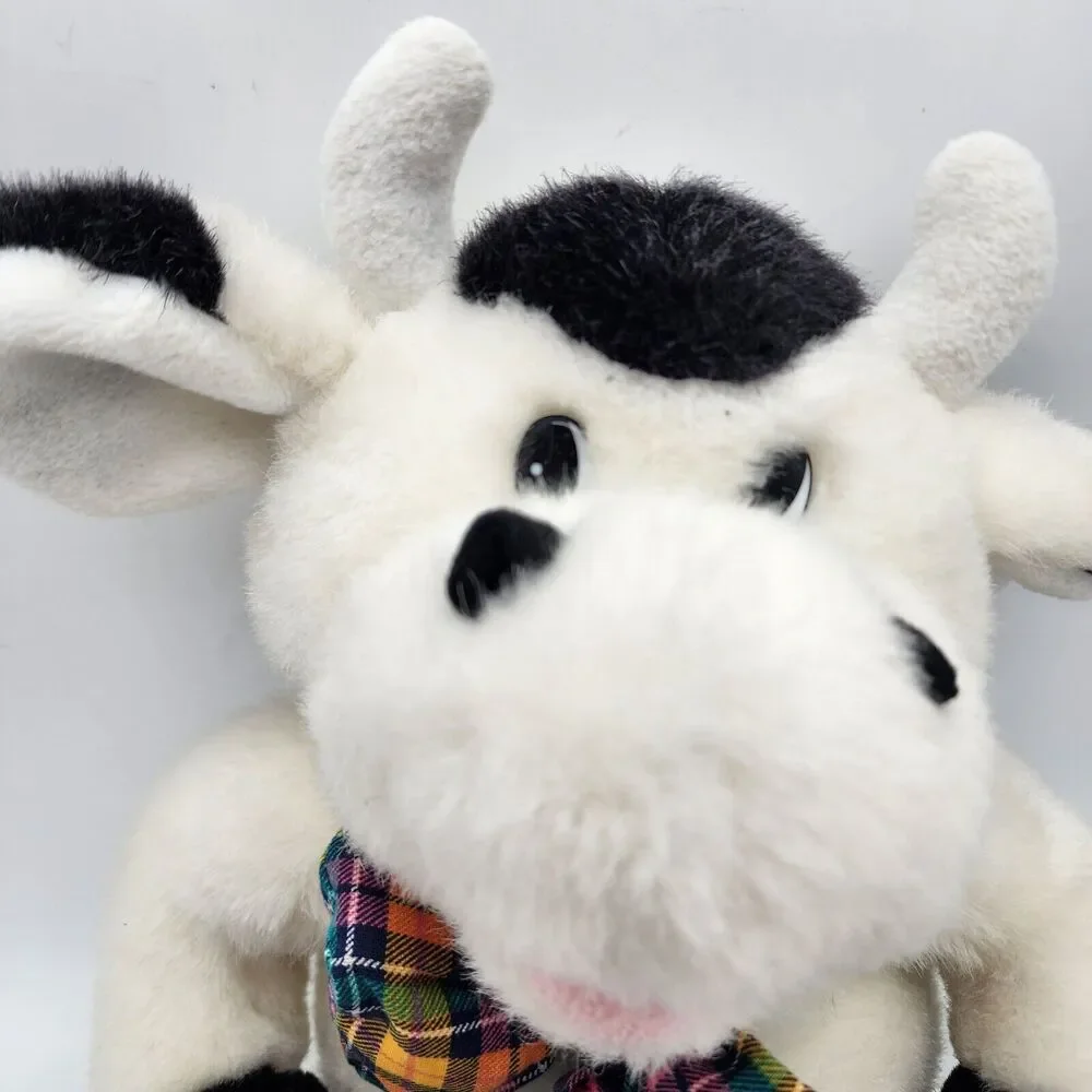Commonwealth Cow Plush 15” Black White Fur Plaid Bow Flat Eyes Stuffed Animal